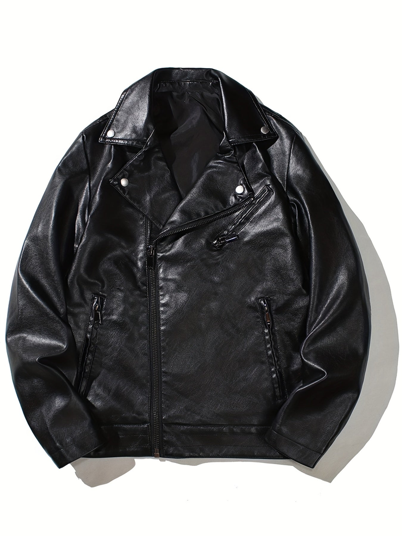PU Biker Jacket Men's Casual Solid Zip Up Lapel Faux Leather Jacket