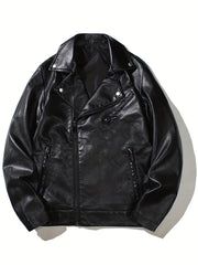 PU Biker Jacket Men's Casual Solid Zip Up Lapel Faux Leather Jacket