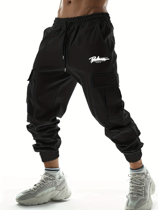 Paris Letter Print Casual Cargo Pants Men's Joggers For Spring Summer