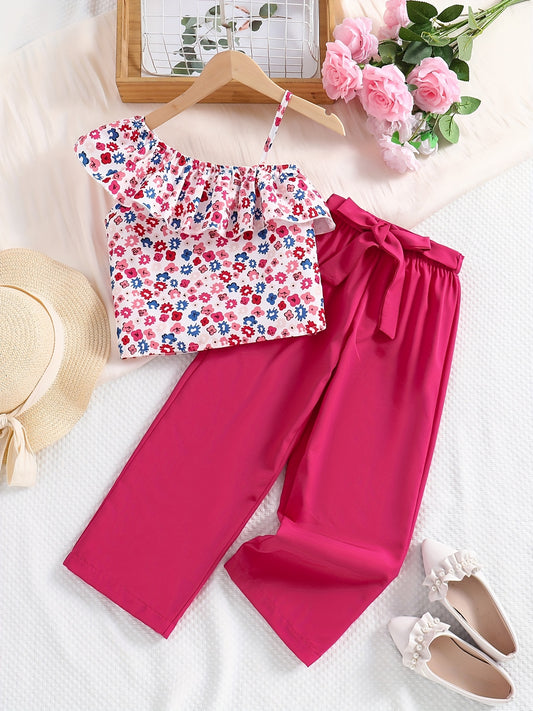 2pcs Toddler Girls Floral Ruffle Trim Top & Pants Set