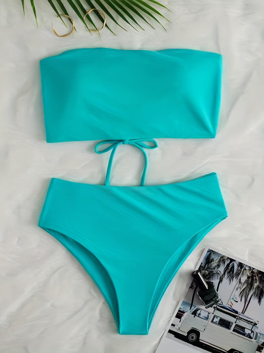 Lake Lace Up Bandeau 2 Piece Set Bikini Solid High Waist Swimsuit