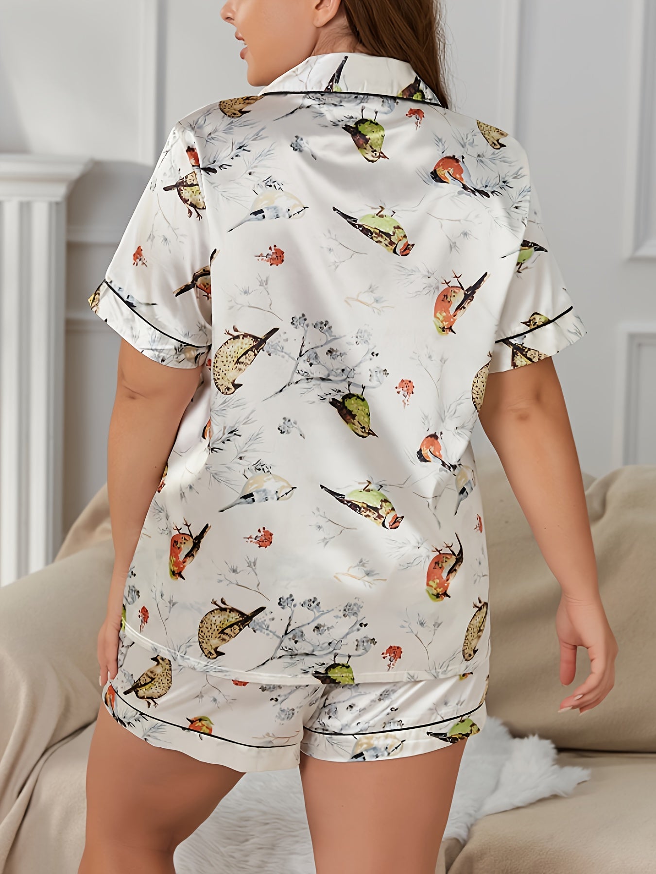 Plus Size Bird Print Pajama Set: Button Up Shirt & Shorts