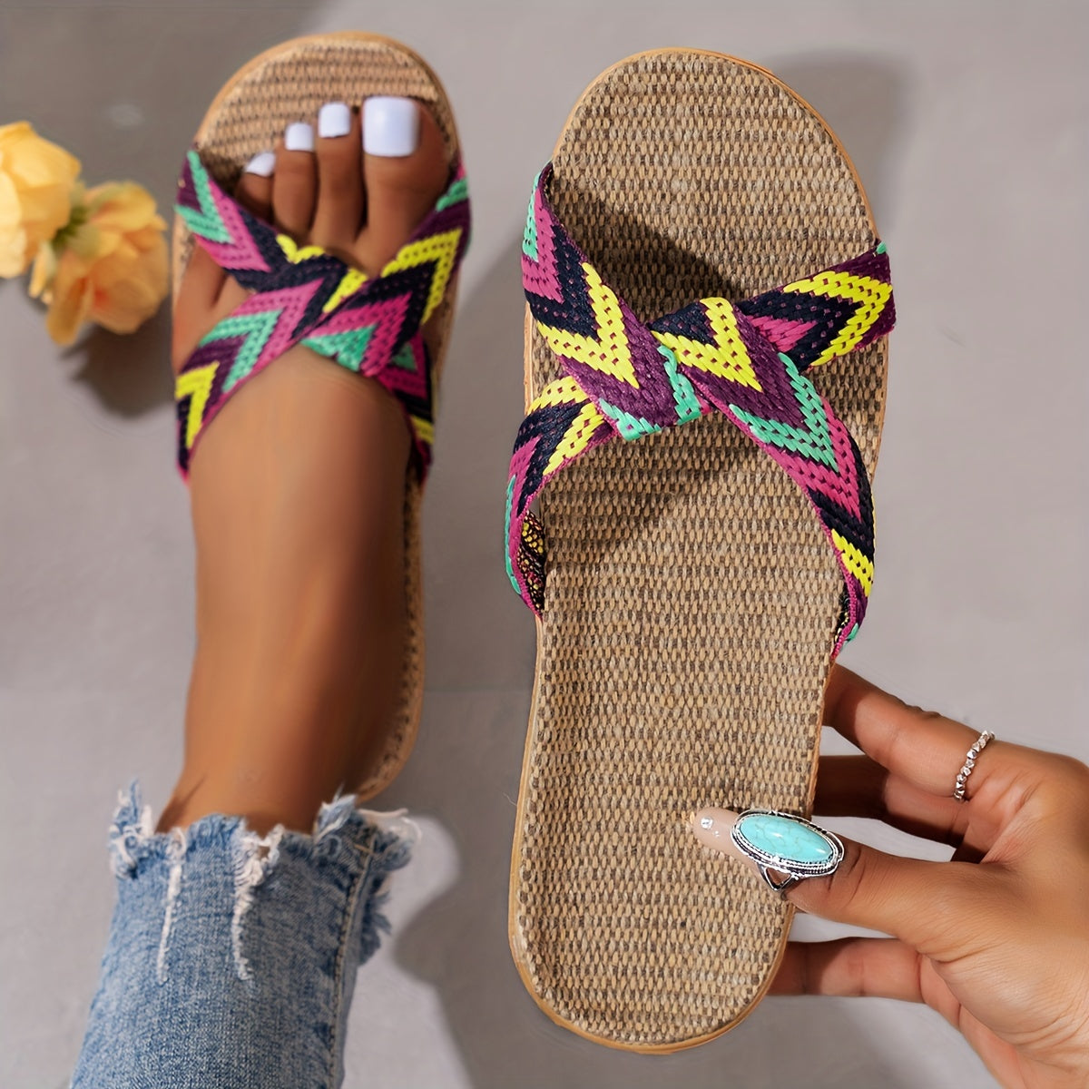 Colorful Knit Slides Open Toe Slip on Shoes Casual & Fashionable