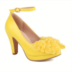 Flower & Bow Block Heel Pumps with Buckle Strap