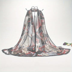 Vintage Leaf Print Chiffon Scarf Thin Gauze Shawl