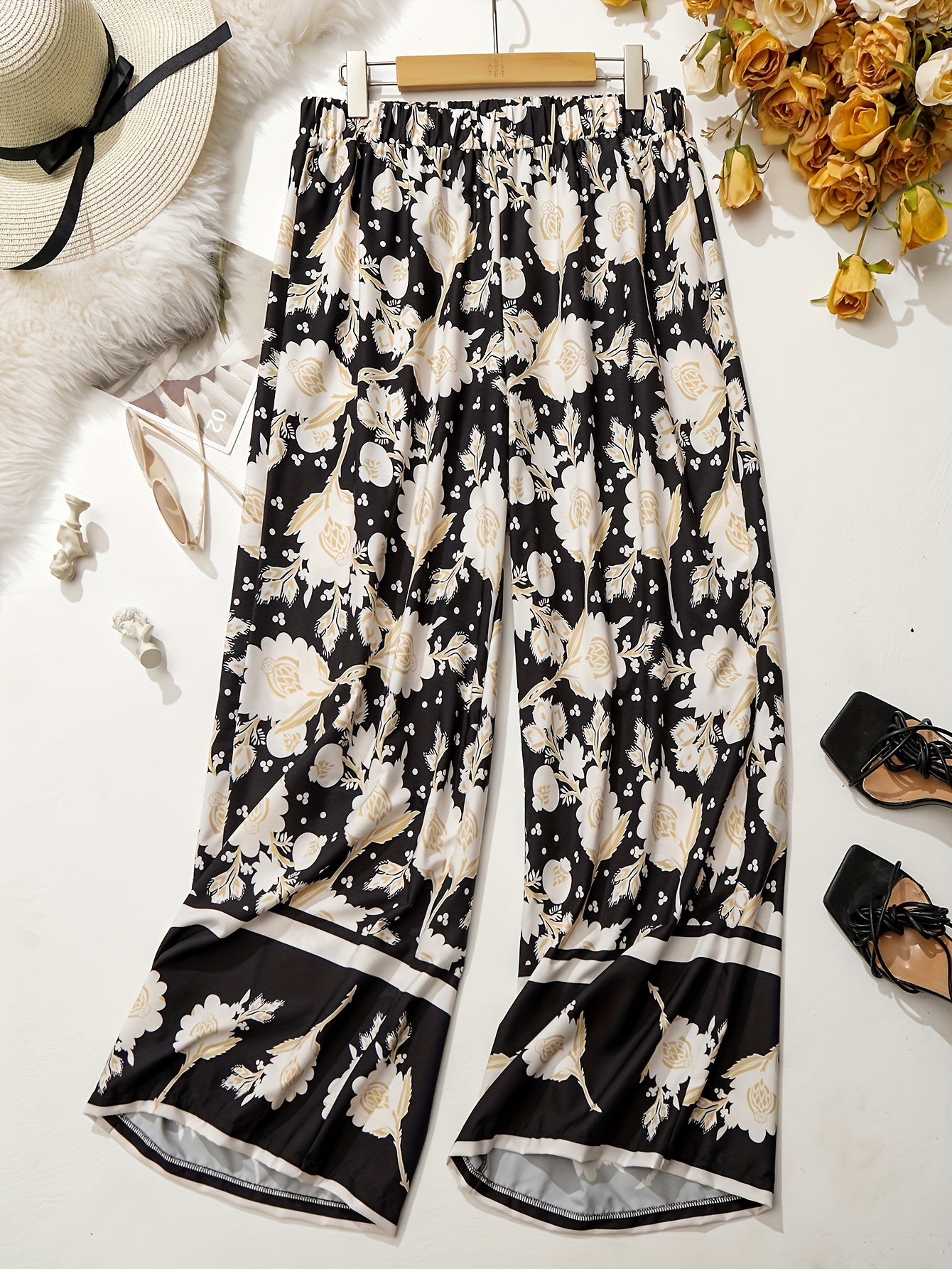  Colorblock Floral Print Wide Leg Trousers