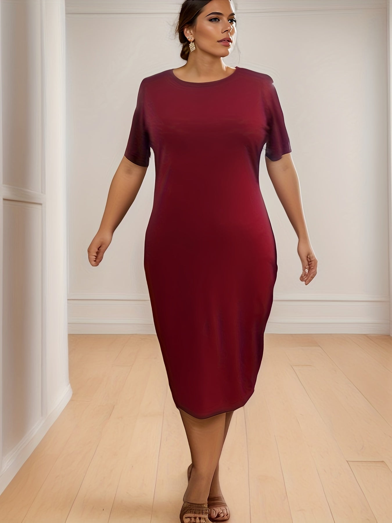  Solid Layered Sleeve Round Neck Midi Dress