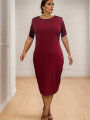  Solid Layered Sleeve Round Neck Midi Dress