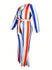  Rainbow Print V Neck Long Sleeve Jumpsuit