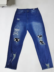  Women's Skull Print Ripped High Stretch Jeans