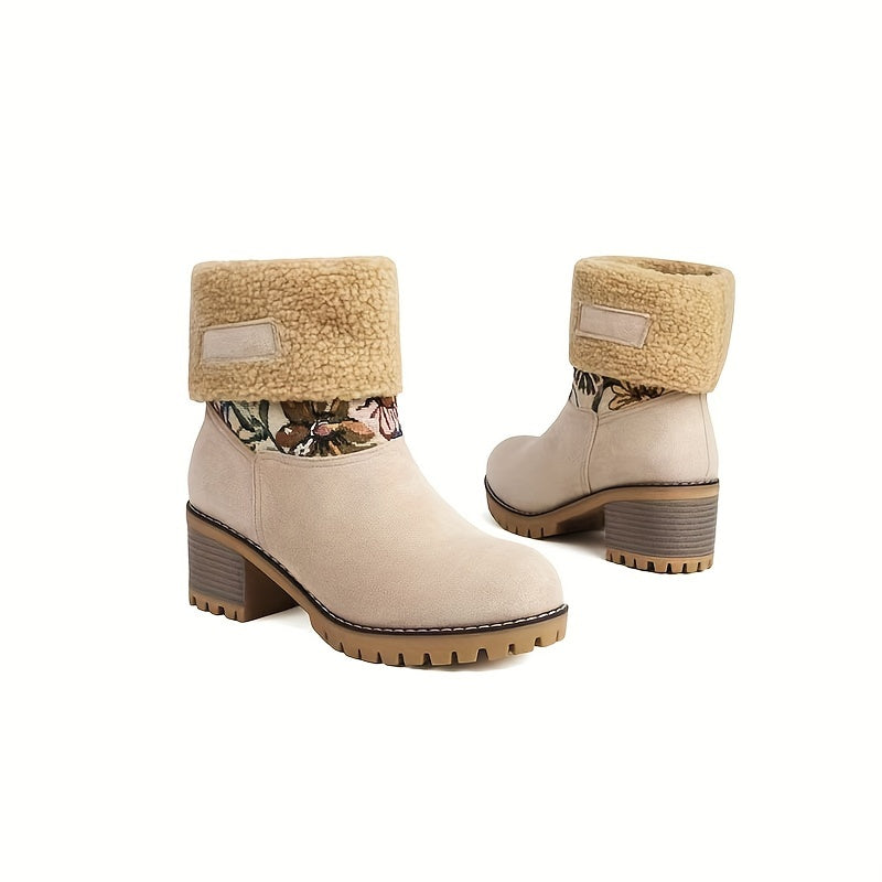 Ethnic Style Flower Pattern Chunky Snow Boots Plush Lined Thermal Snow Shoes