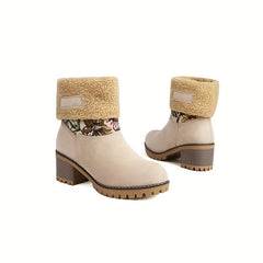 Ethnic Style Flower Pattern Chunky Snow Boots Plush Lined Thermal Snow Shoes