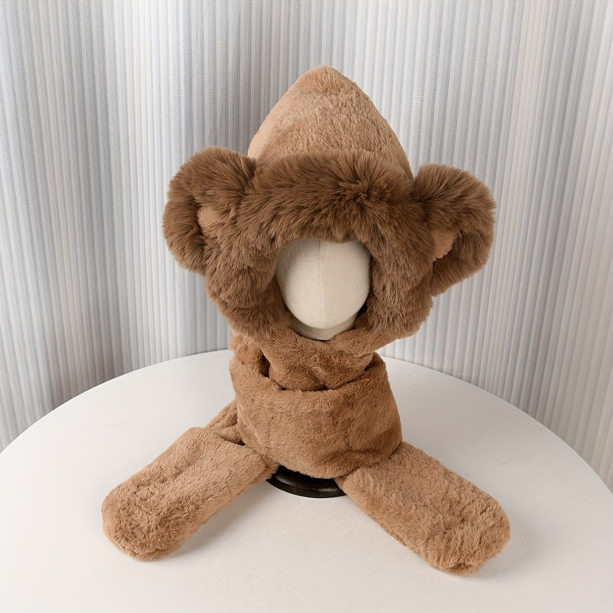 Women's Plush Bear Head Hat Scarf Gloves Set for Winter