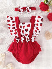 Newborn Infant Heart Print Romper & Bow Headband Set For Baby Girls