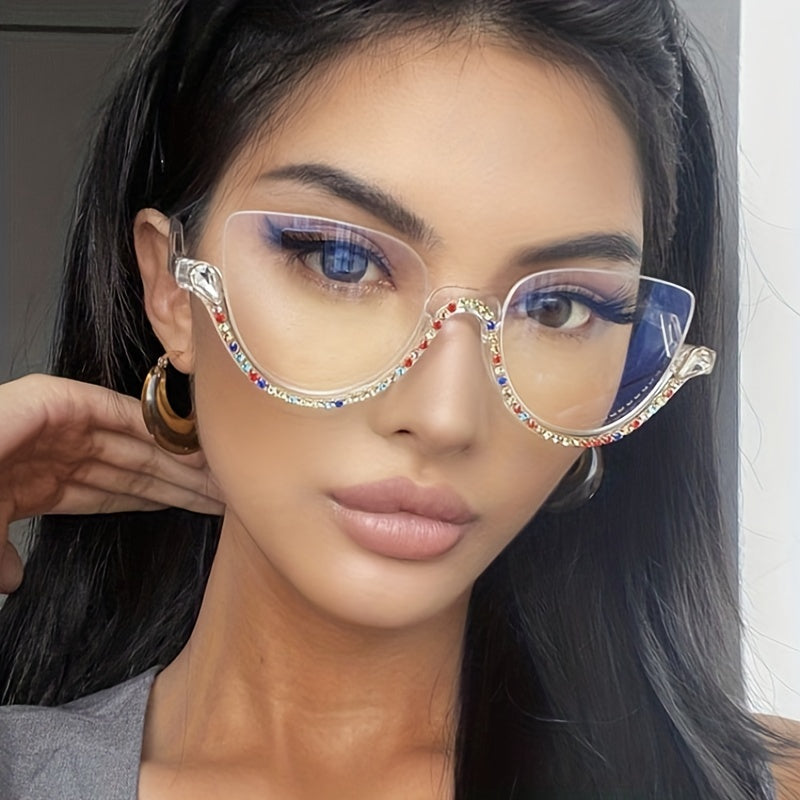 Cat Eye Clear Lens Glasses Rhinestone Decor Semi Rimless Party Glasses