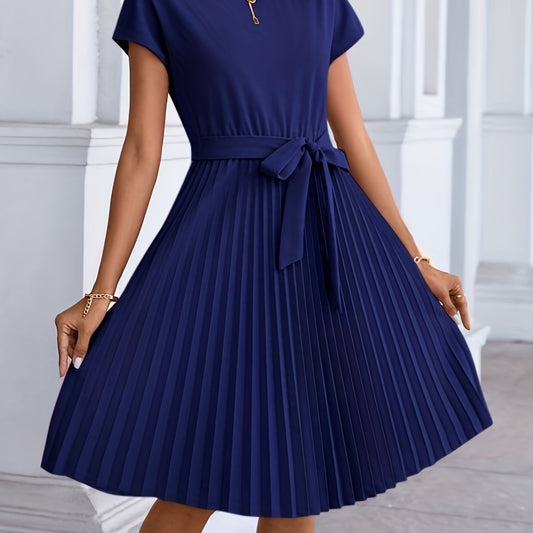 Pleated Tie Front Dress Short Sleeve Casual Solid Dress