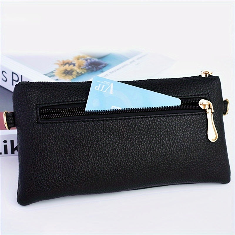 Soft PU Leather Clutch Handbag Zipper Closure Wristlet Strap