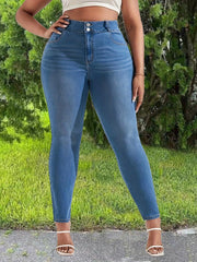  Solid Button Fly Skinny High Stretch Washed Jeans