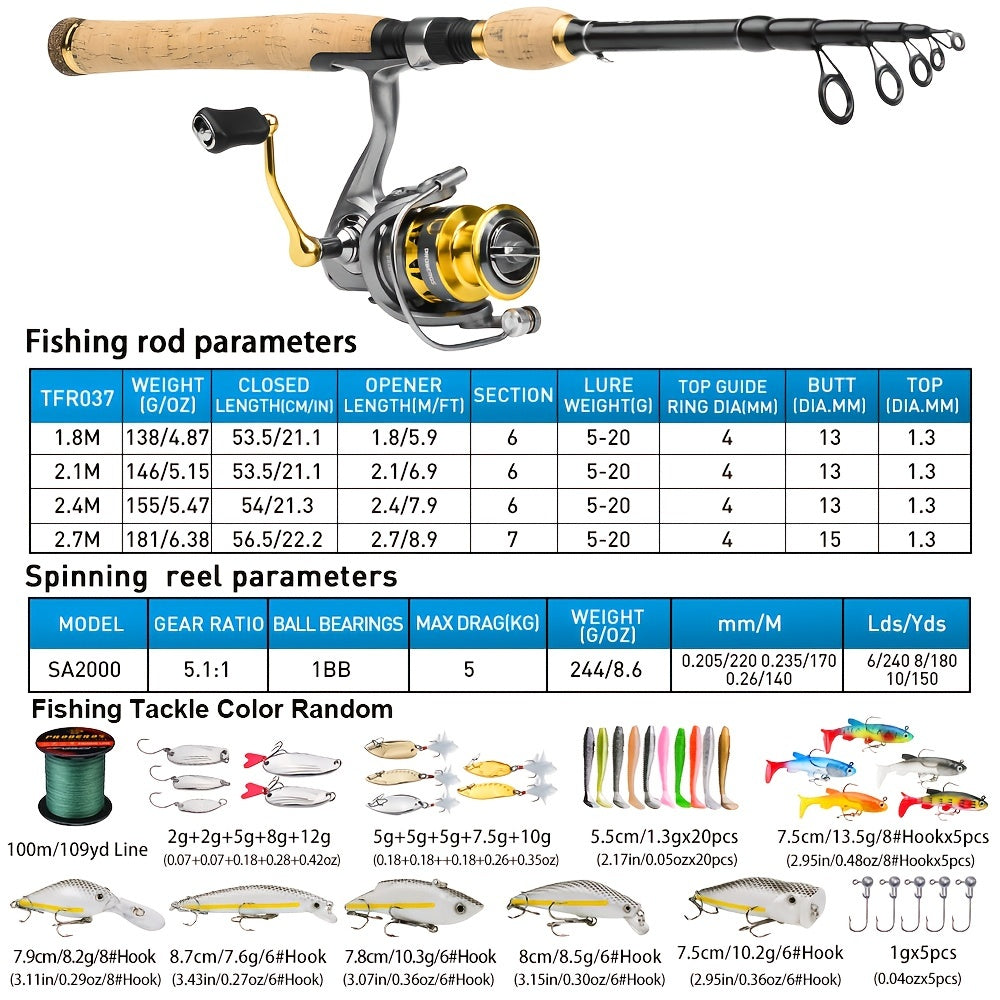 PROBEROS Fishing Tackle Set Spinning Reel Rod Line Lures Hooks Bag