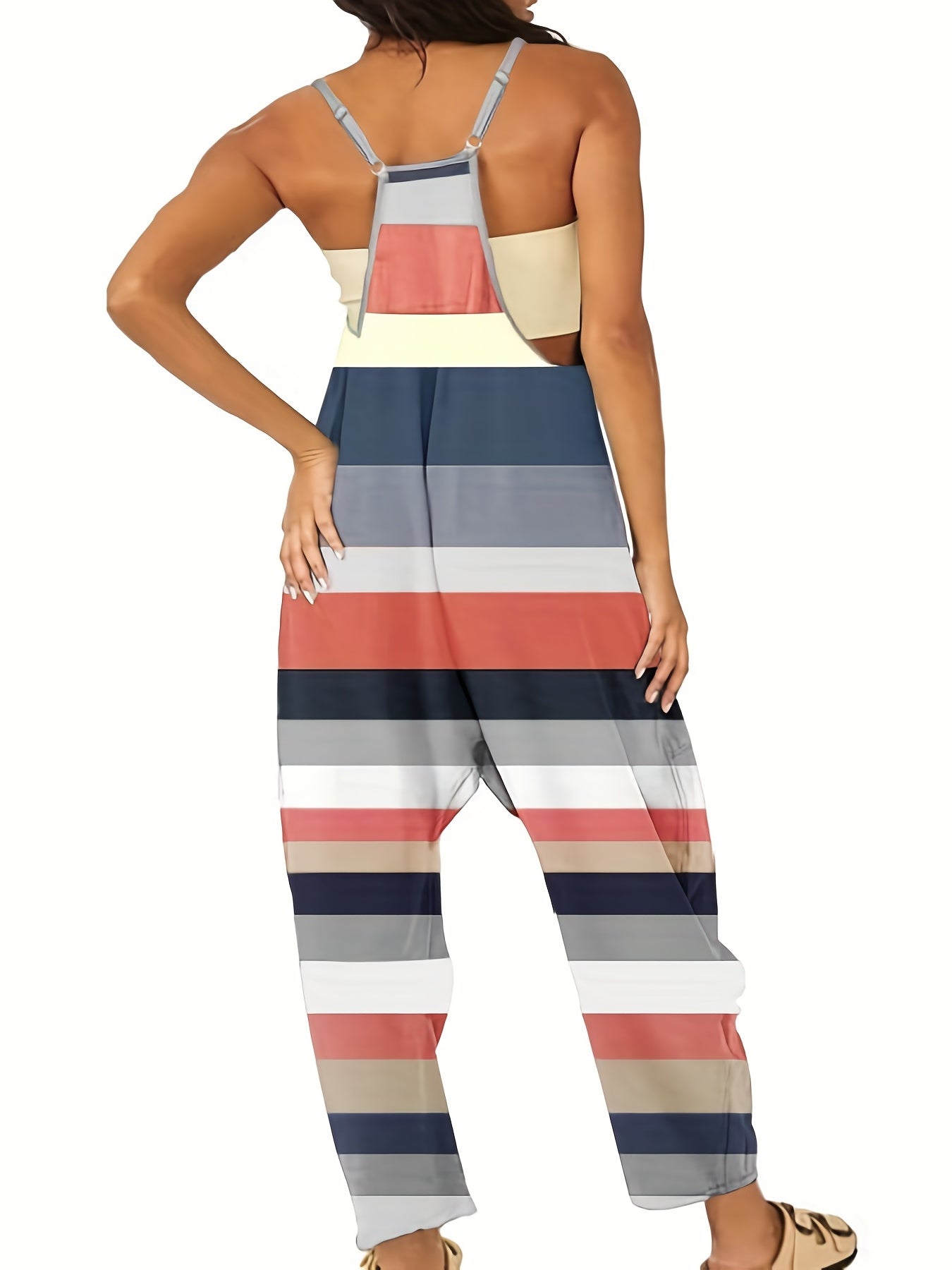 Striped Pattern Sleeveless Jumpsuit Dual Pockets