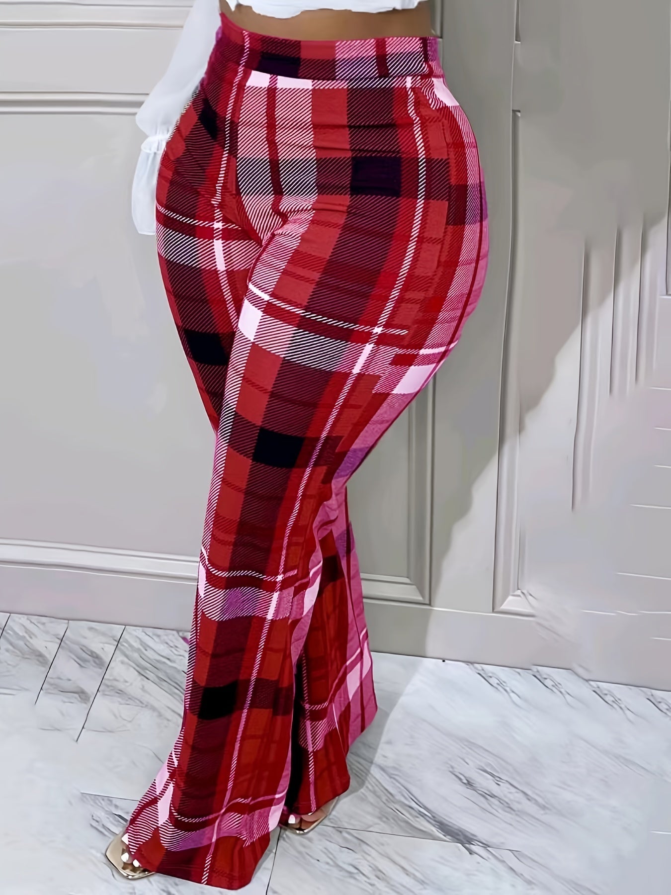 Plaid Print High Rise Button Fly Flared Leg Pants Women's Plus Size