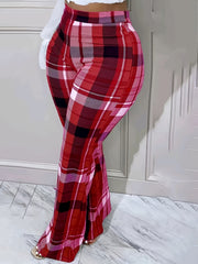 Plaid Print High Rise Button Fly Flared Leg Pants Women's Plus Size