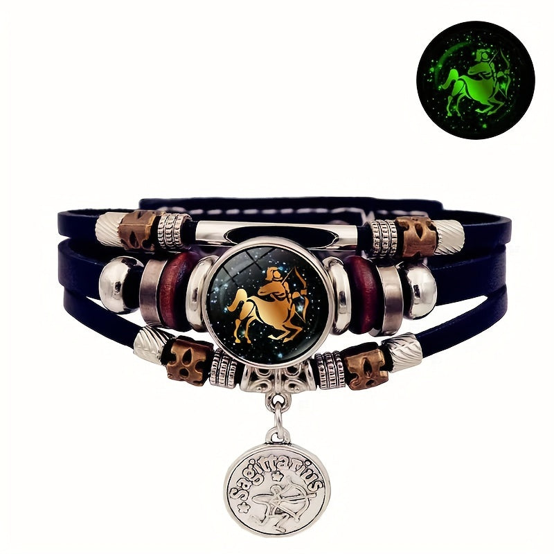 12 Zodiac Luminous Leather Bracelet Multilayer Beaded Hand Jewelry