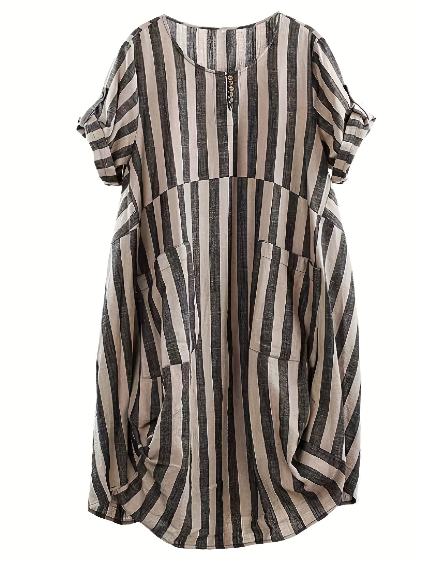 Women's Plus Stripe Print Button Decor Roll Up Sleeve Rou
