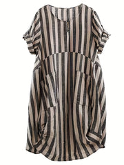 Women's Plus Stripe Print Button Decor Roll Up Sleeve Rou