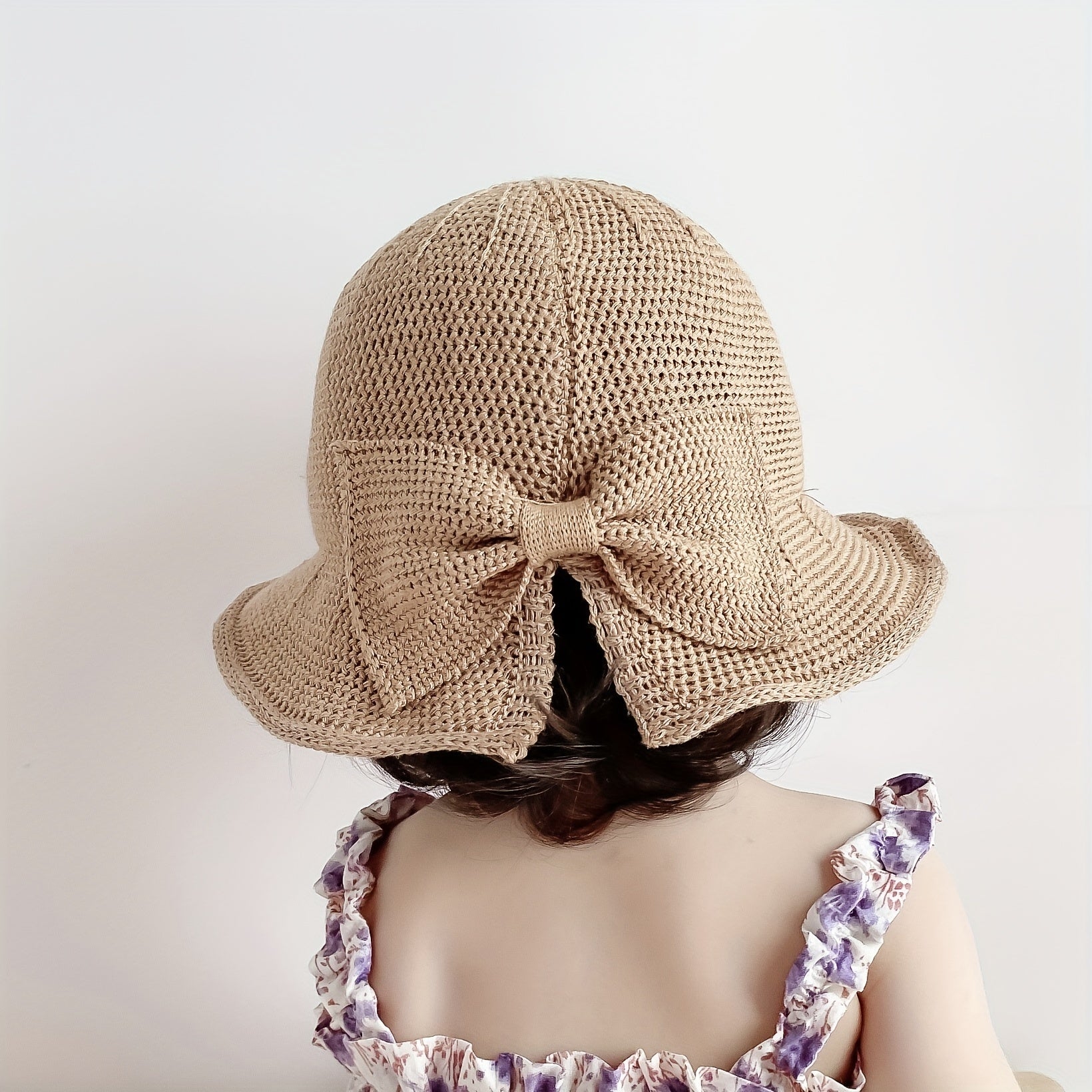 Girls Bow Decor Straw Hat Sun Protection for Beach Party