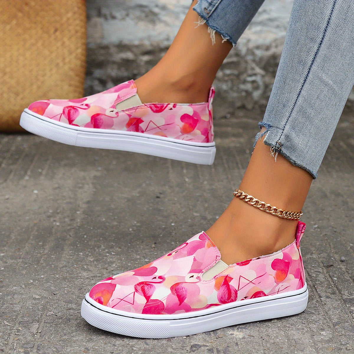 Flamingo Print Pink Flat Skate Shoes Soft Sole Slip On Sneakers