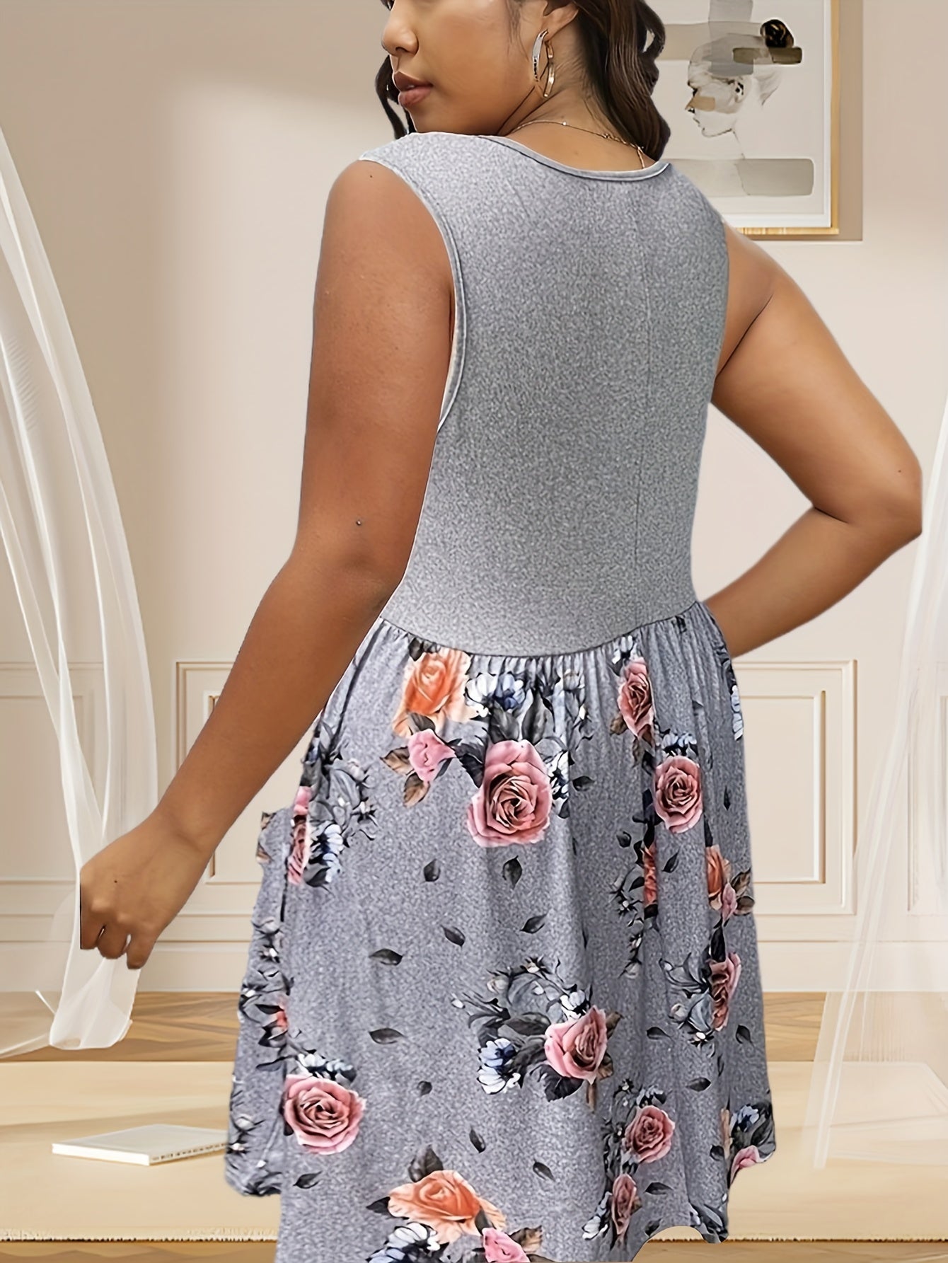  Colorblock Floral Print Ruched Tank Top