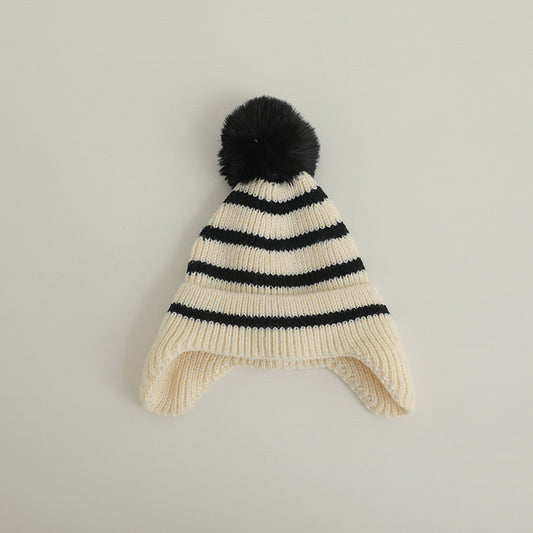 Striped Wool Ball Knitted Hat for Baby Boy and Girl