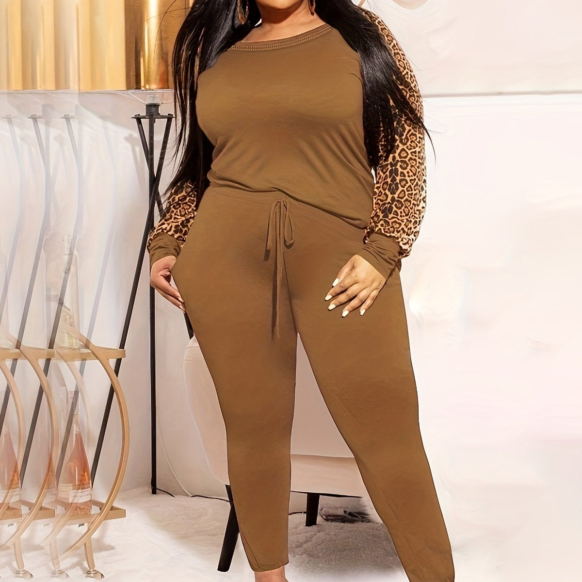  Colorblock Leopard Print Top & Leggings Set