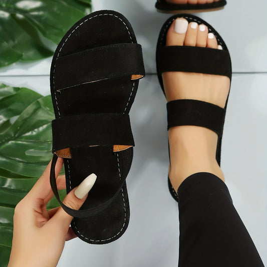 Women's Double Strap Flat Sandals Open Round Toe Slip On Shoes