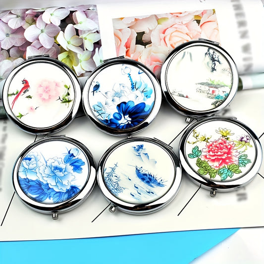 Peony Pattern Folding Compact Mirror Double Side Round Cosmetic Touch up Mirror
