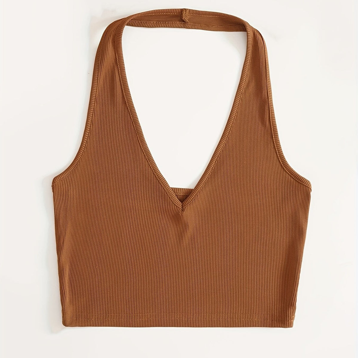 Ribbed Knit Halter Crop Top V Neck Slim Fit Tank Women's Top