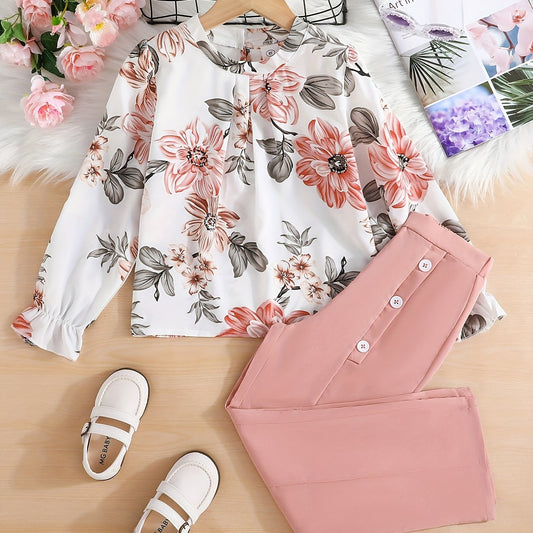2pcs Girls' Boho Floral Blouse & Button Pants Set