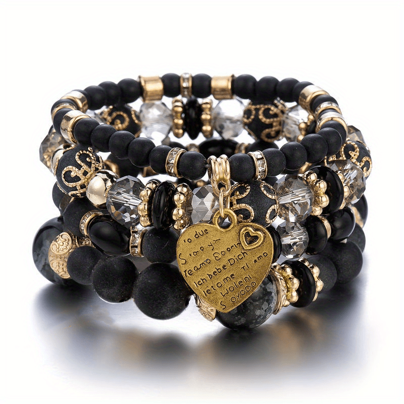 Heart Charm Bead Layered Bracelet Set Vintage Jewelry Gift