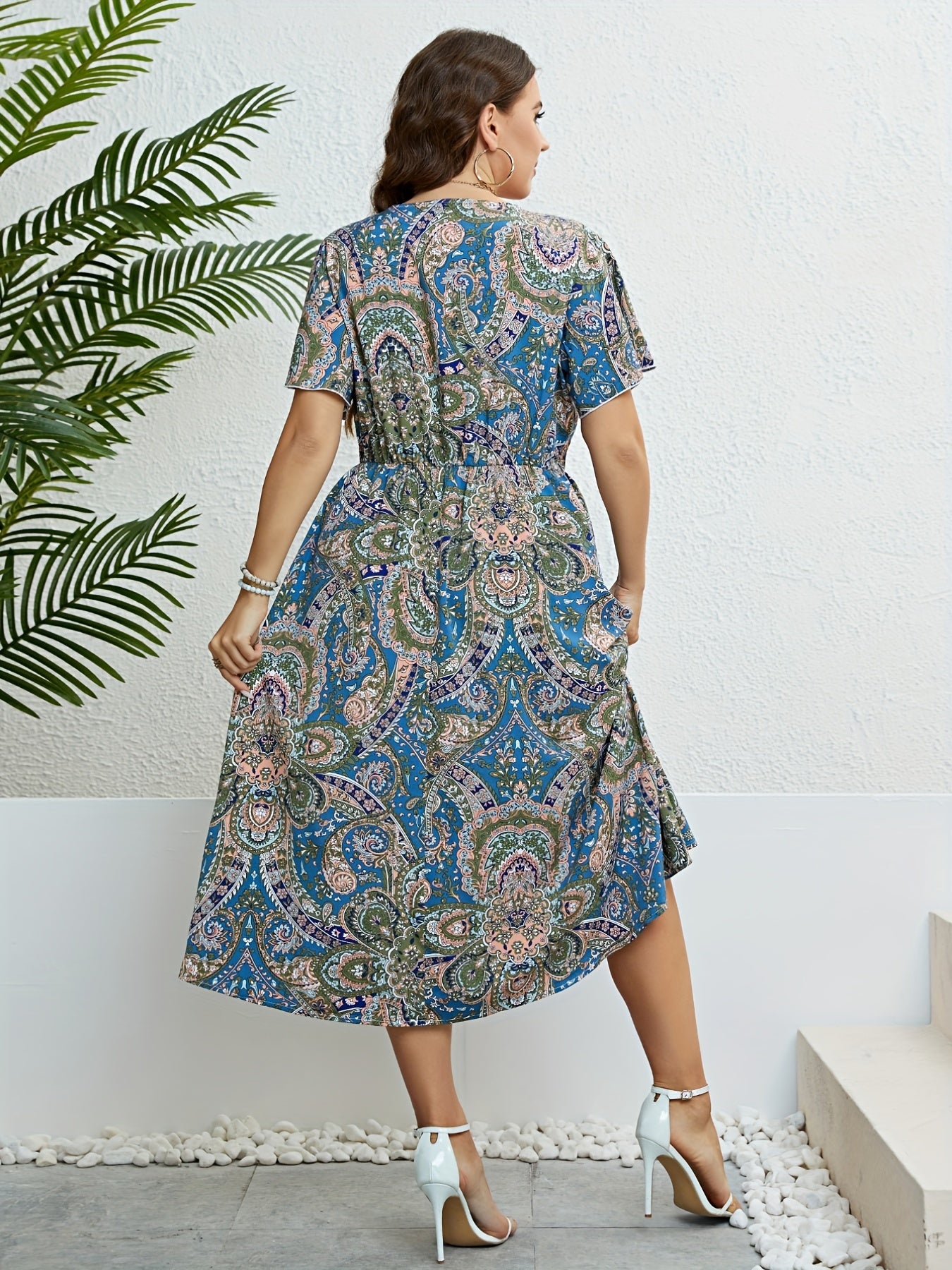  Boho Paisley Print Flare Sleeve Dress
