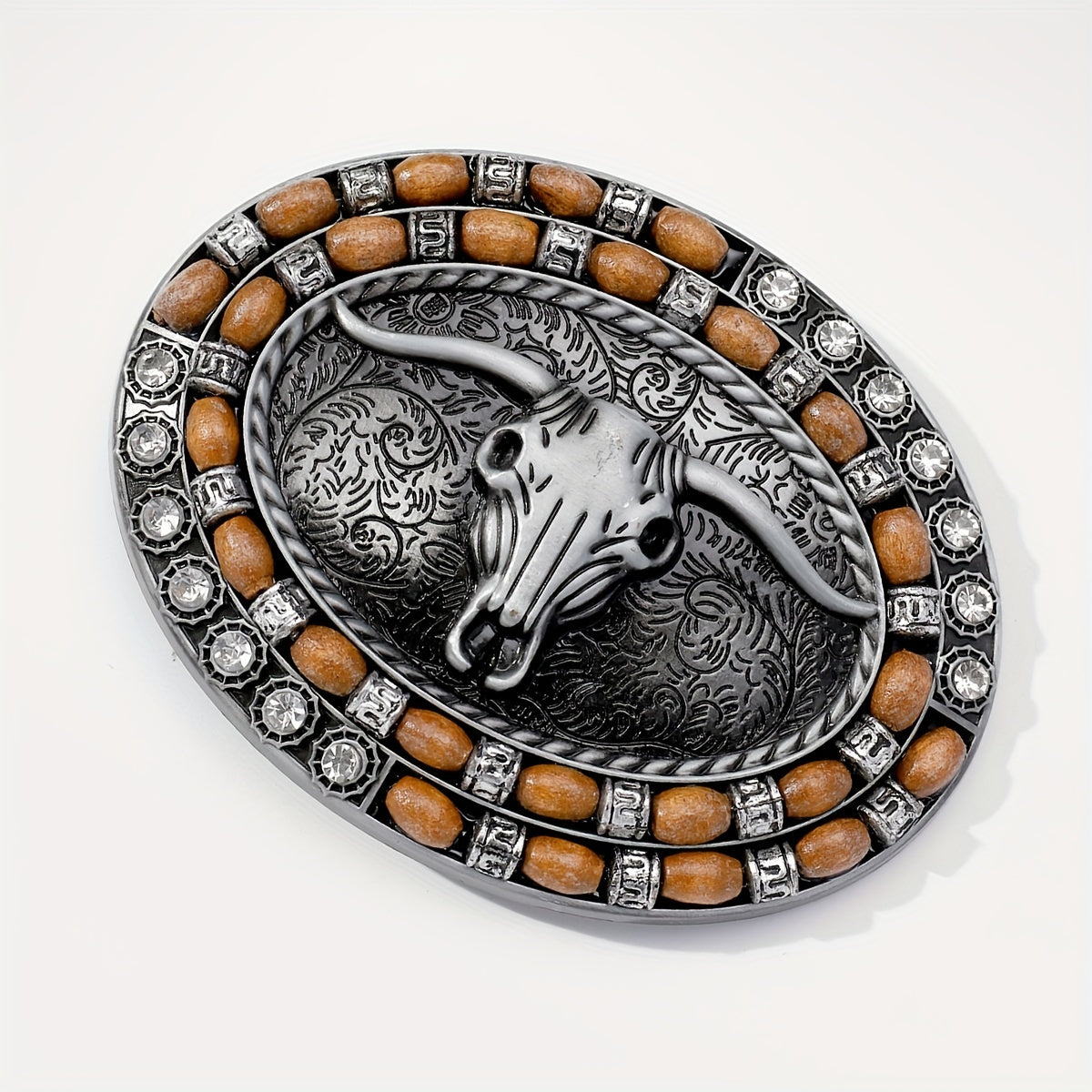 Boho Oval Belt Buckle Rhinestone Beads Inlaid Horn Bull Western Buckle