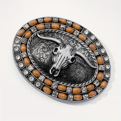 Boho Oval Belt Buckle Rhinestone Beads Inlaid Horn Bull Western Buckle
