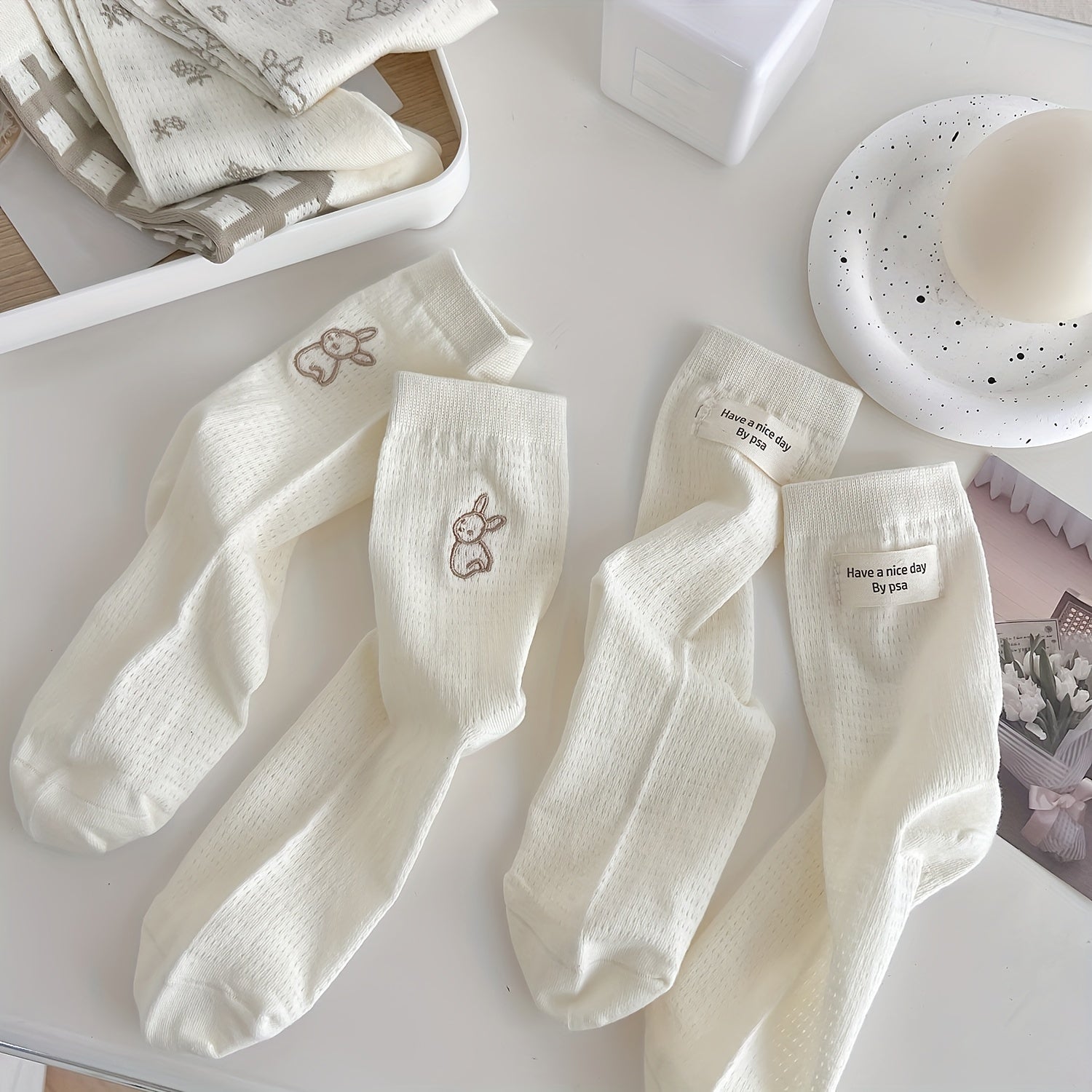 5 Pairs Bunny & Floral Print Socks & Mid Tube Socks Women's Stockings