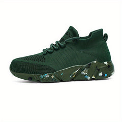 Women's Green Woven Running Shoes Lace Up Breathable Socks Shoes