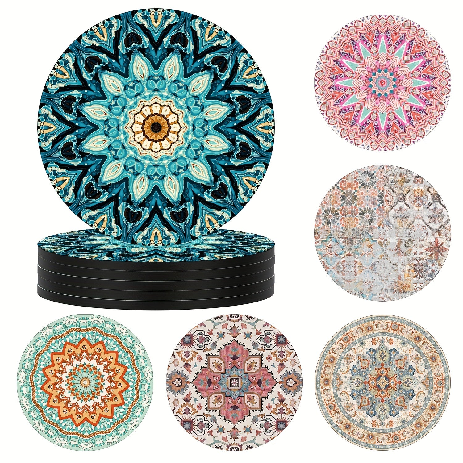 Boho Persian Drink Coasters Set of 6, Absorbent Rubber with Non Slip Backing