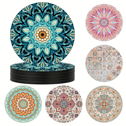 Boho Persian Drink Coasters Set of 6, Absorbent Rubber with Non Slip Backing