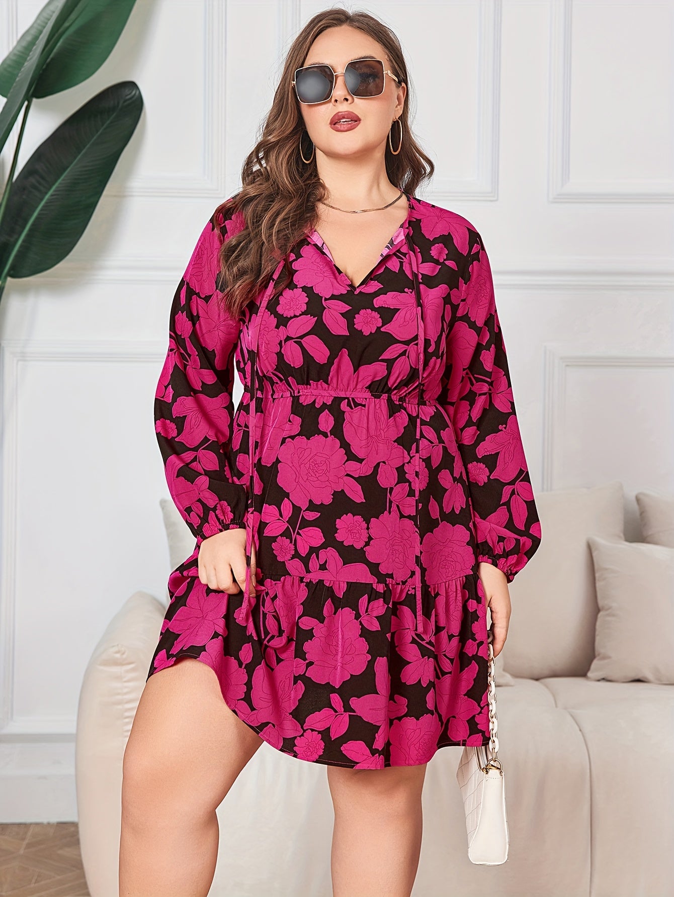 Women's Floral Print Lantern Sleeve Smock Dress