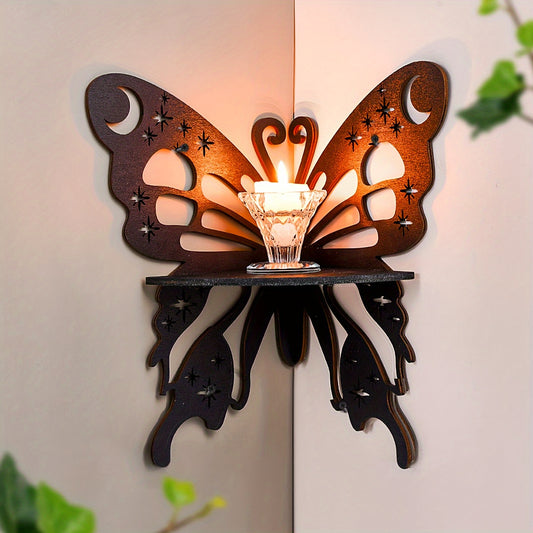 Rustic Style Wooden Butterfly & Lotus Wall Decoration Shelf