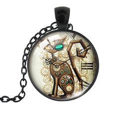 Steampunk Clock Shape Pendant Necklace Animal Pattern Goth Mech