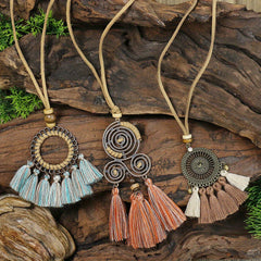Boho Ethnic Tassel Pendant Necklaces Retro Rhinestone Drip Oil Alloy Necklace